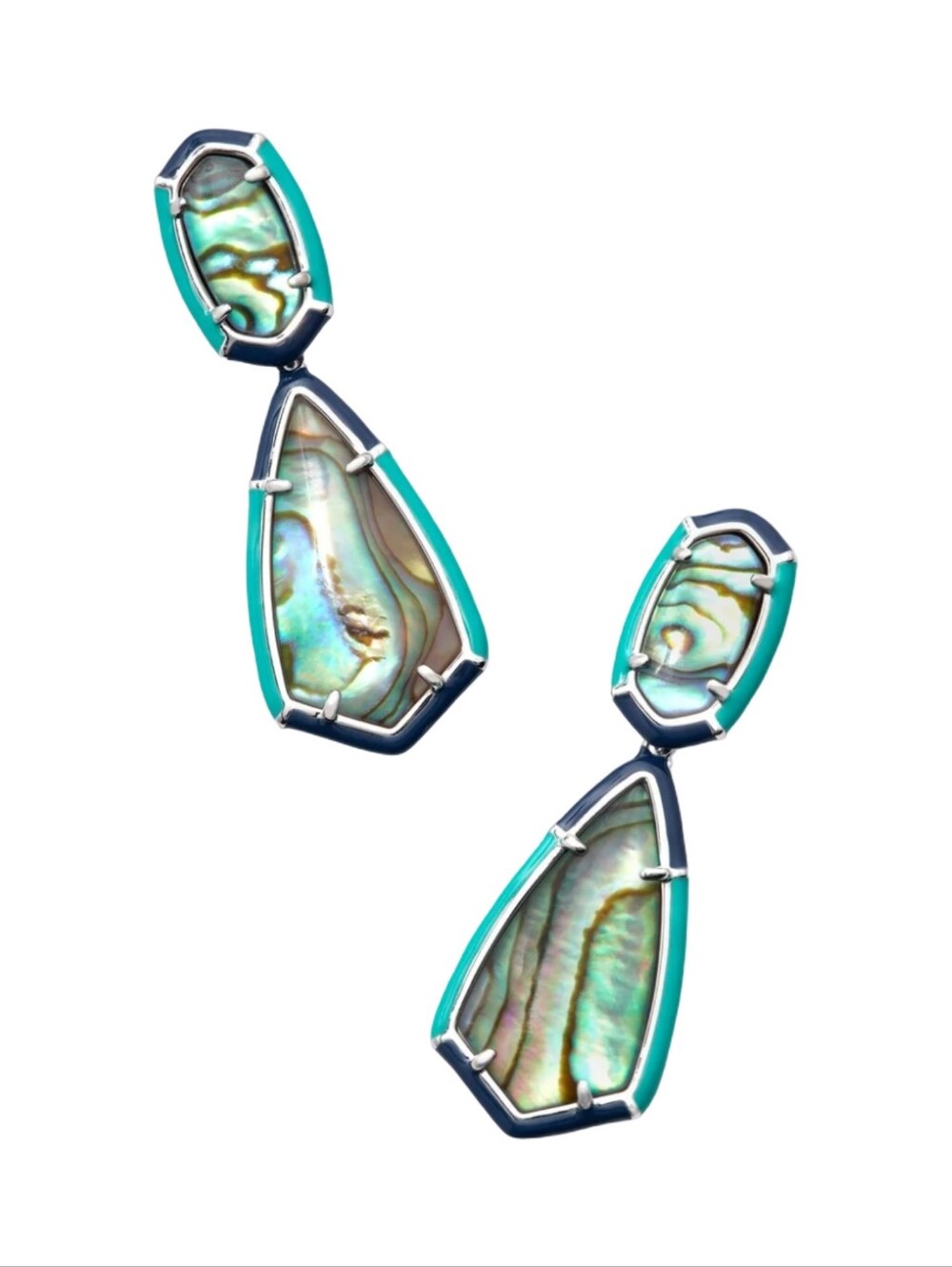 Kendra Scott Camry Teal Navy Abalone Shell Geometric Drop Earrings‎ Silver New